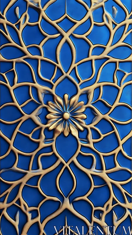 Embossed floral lattice in gold over cobalt relief panel.
