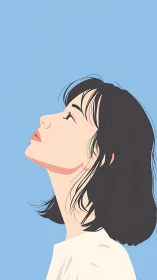 Calm profile portrait of a daydreaming girl in soft blue.