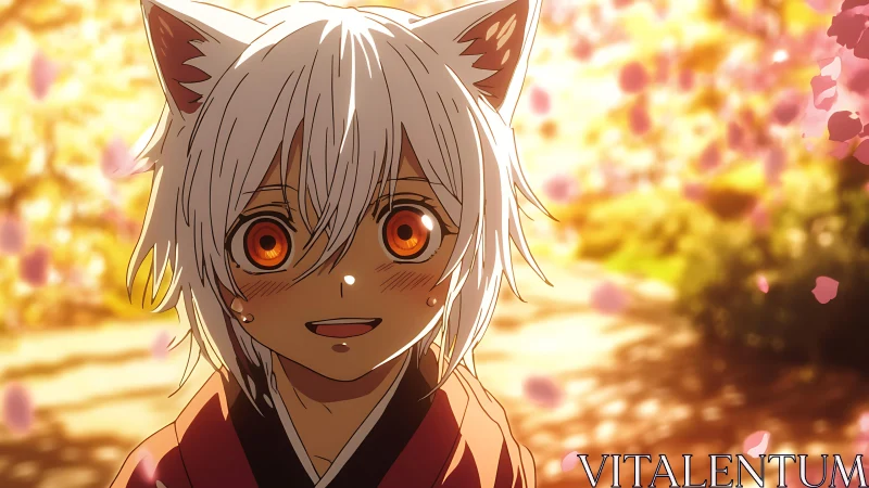 Fox-eared anime child under luminous cherry blossom bokeh.