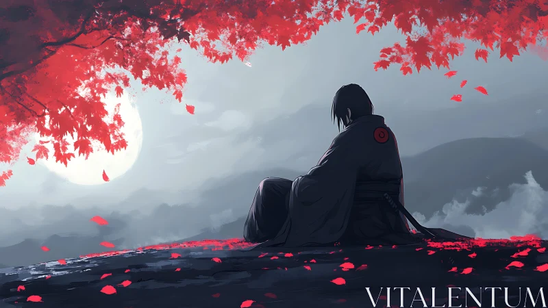 Quiet samurai evening beneath crimson autumn leaves.