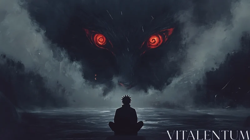 Solitary figure confronting colossal red-eyed shadow beast.