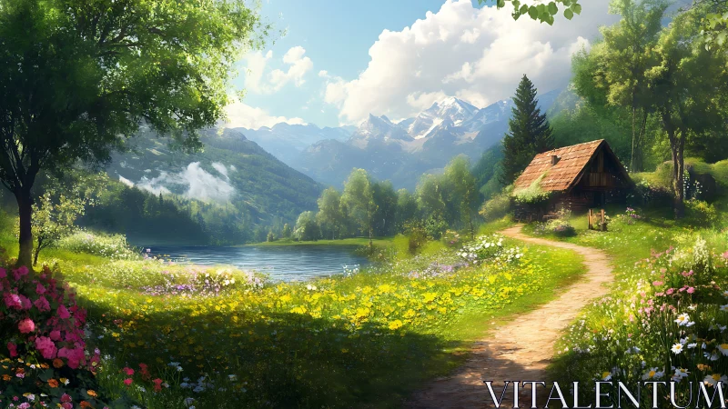 Sunny lakeside cottage tucked in a blooming mountain valley.