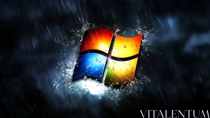 Windows style logo in dark rain with water splash effect.