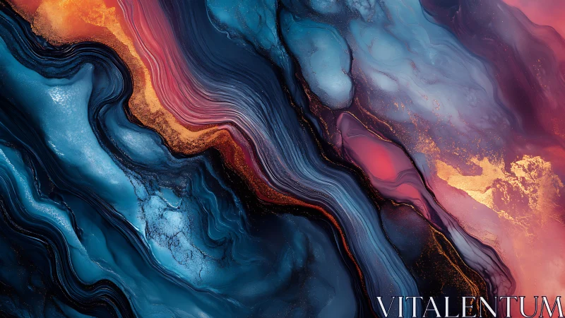 Layered fluid bands of blue and orange form abstract composition