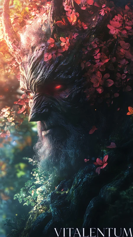 Forest warlock of burning petals and ancient bark visage.