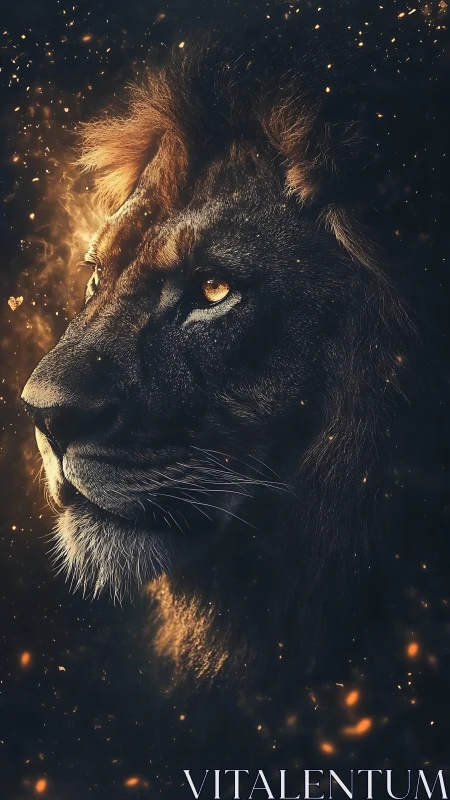 Volumetric lion portrait amid ember-laden darkness.