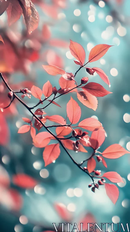 Shallow depth of field isolates coral leaves against teal bokeh