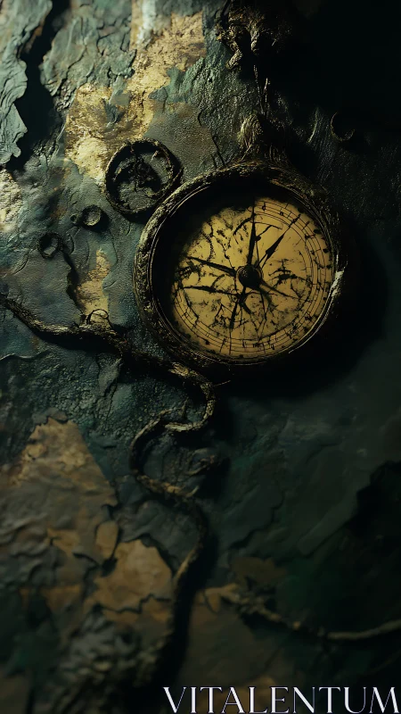 Ancient pocket watch sinking into cracked emerald timewall.