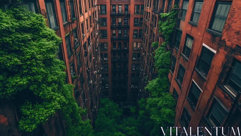Vertical courtyard canyon contrasts ivy growth and brick facades