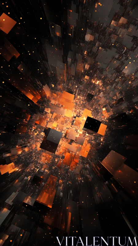 Exploding voxel corridor with radiant amber data shards.