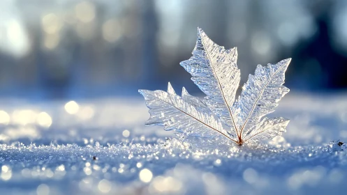 Macro frost crystal leaf on snow with shallow bokeh field.