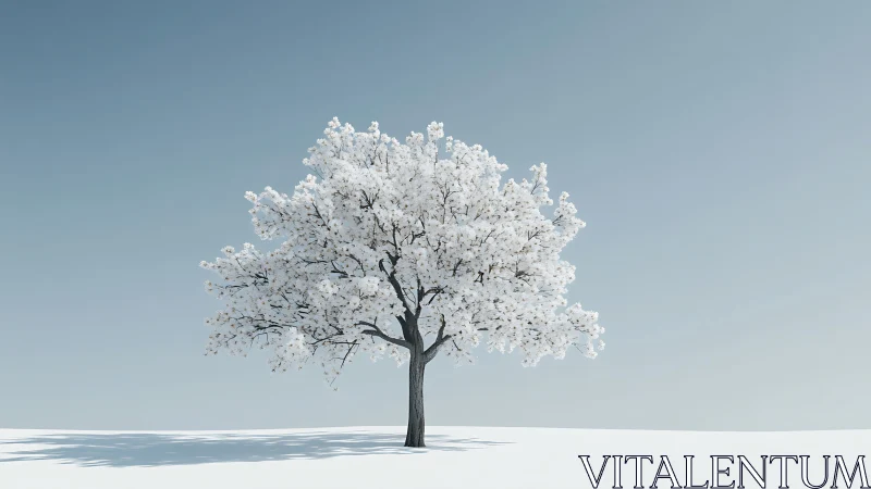 Solitary blooming white tree anchors a minimal winter landscape