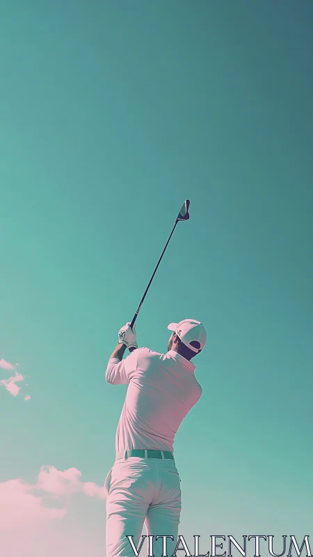 Golfer follows through swing under teal gradient sky.