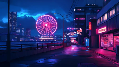 Neon ferris wheel glows over rainy cyberpunk harbor night.