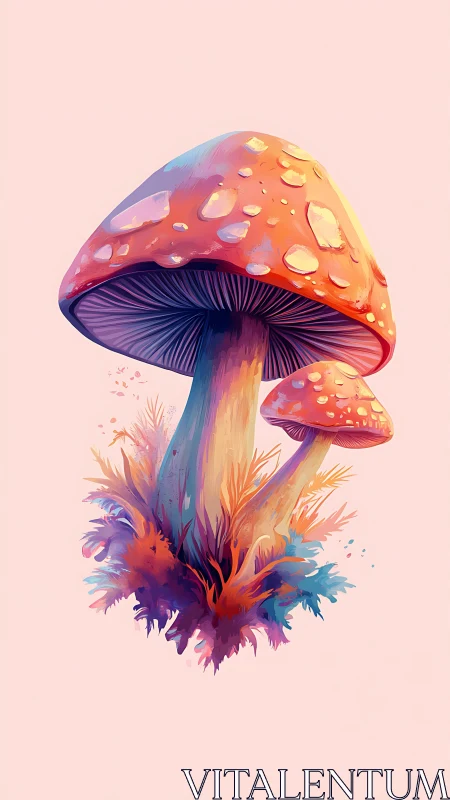 Vibrant digital mushrooms with dewdrops on pastel field.