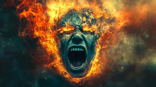 Fiery screaming face engulfed in intense burning flames.