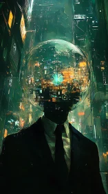 Neon city orbiting inside a glass headed midnight broker.