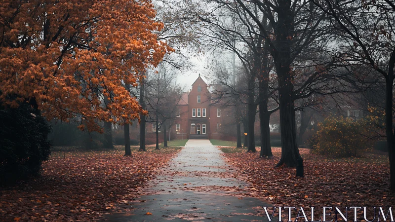 Foggy autumn campus path leading toward red brick hall.