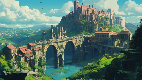 Sunlit cliffside citadel and stone bridge over jade river.