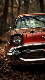 Vintage red classic car rests quietly in an autumn forest
