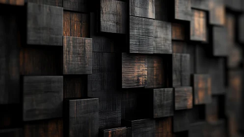 Layered wooden cubes form a dramatic geometric wall relief