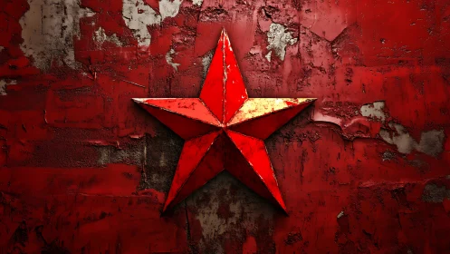 Red five-pointed star on distressed textured red wall.