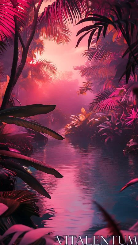 Dreamy pink jungle river glows gently in soft evening light