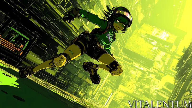 Cyberpunk runner leaps through neon green industrial canyon