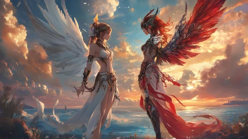 Winged female figures facing at shoreline during sunset.