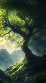 Curved tree stands on a mossy slope under directional sunlight