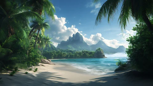 Tropical Beach Cove with Volcanic Peaks.