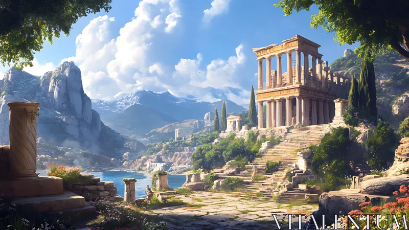 Sunlit marble acropolis gazes calmly over a mythic bay