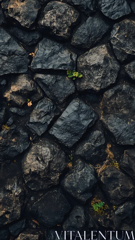 Basalt masonry surface with wet textures and sparse vegetation.