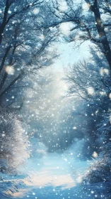 Snowy forest path glows softly beneath a pale winter sunrise