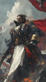 Heroic military commander in stormlit battlefield digital painting.
