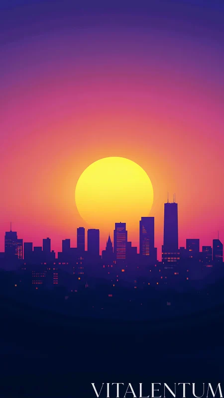 Neon dusk sun descending behind silhouetted city skyline.