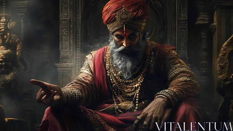 Bearded ruler in ornate attire sits in a dim stone hall