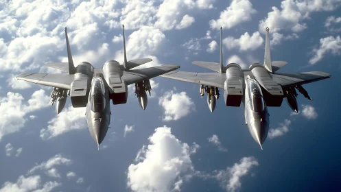 Twin steel hawks carve bright paths through scattered clouds.