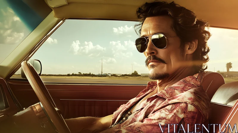 Sunlit road trip driver soaking in the open highway calm.