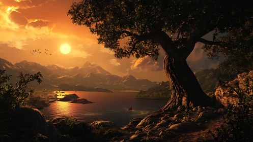 Digital painting of sunset lake with silhouetted ancient tree.