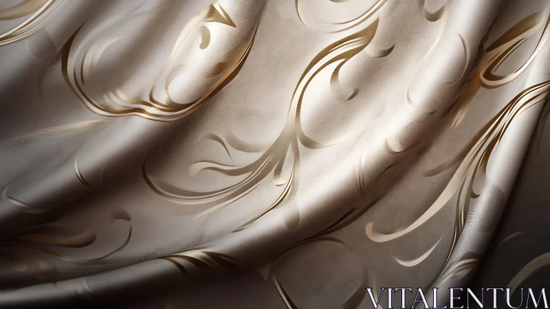 Elegant satin fabric with gold swirl pattern, luxurious texture.