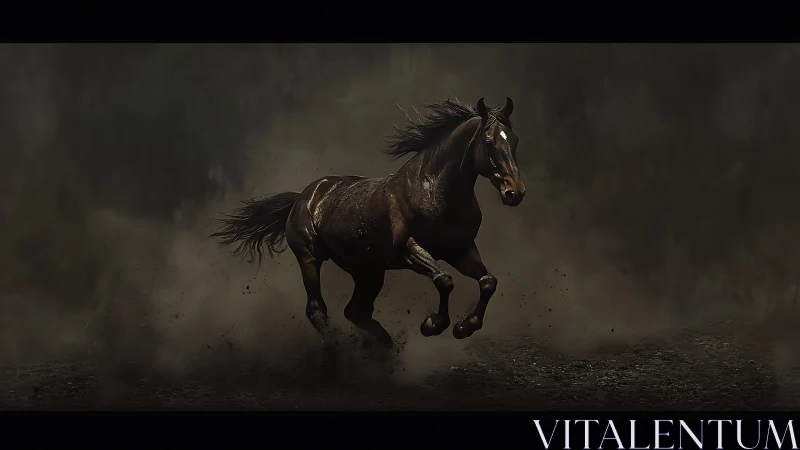 Dark horse in lateral motion across dim landscape.