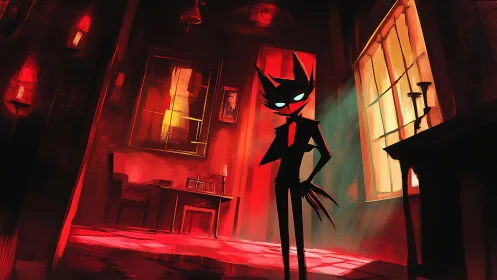 Shadowy cat figure stands in a crimson-lit gothic room