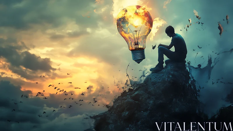 Silhouette on rocky peak beside luminous fragmented bulb.