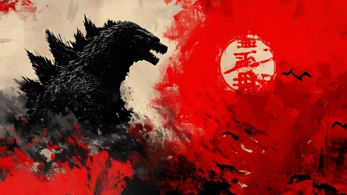 Kaiju silhouette in red-black sumi-e inspired digital storm