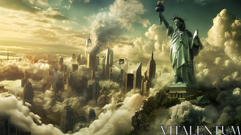 Liberty strides through cloud-swept Manhattan’s dream skyline