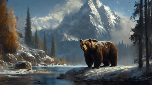 Brown bear near river in snowy alpine conifer landscape.