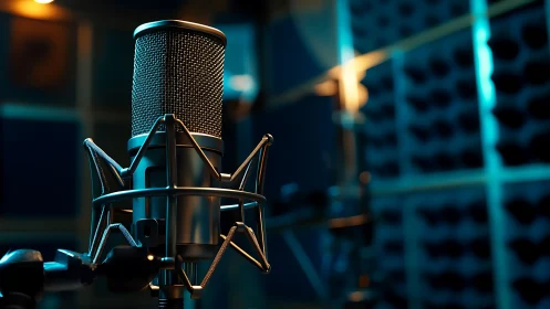 Studio condenser microphone in shock mount under moody teal light