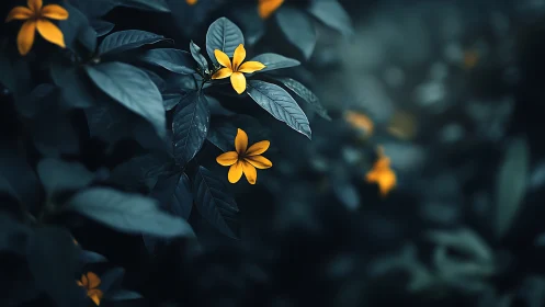Golden Flowers Bloom Against Deep Teal Foliage