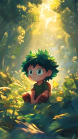 Child character sits in illuminated forest clearing